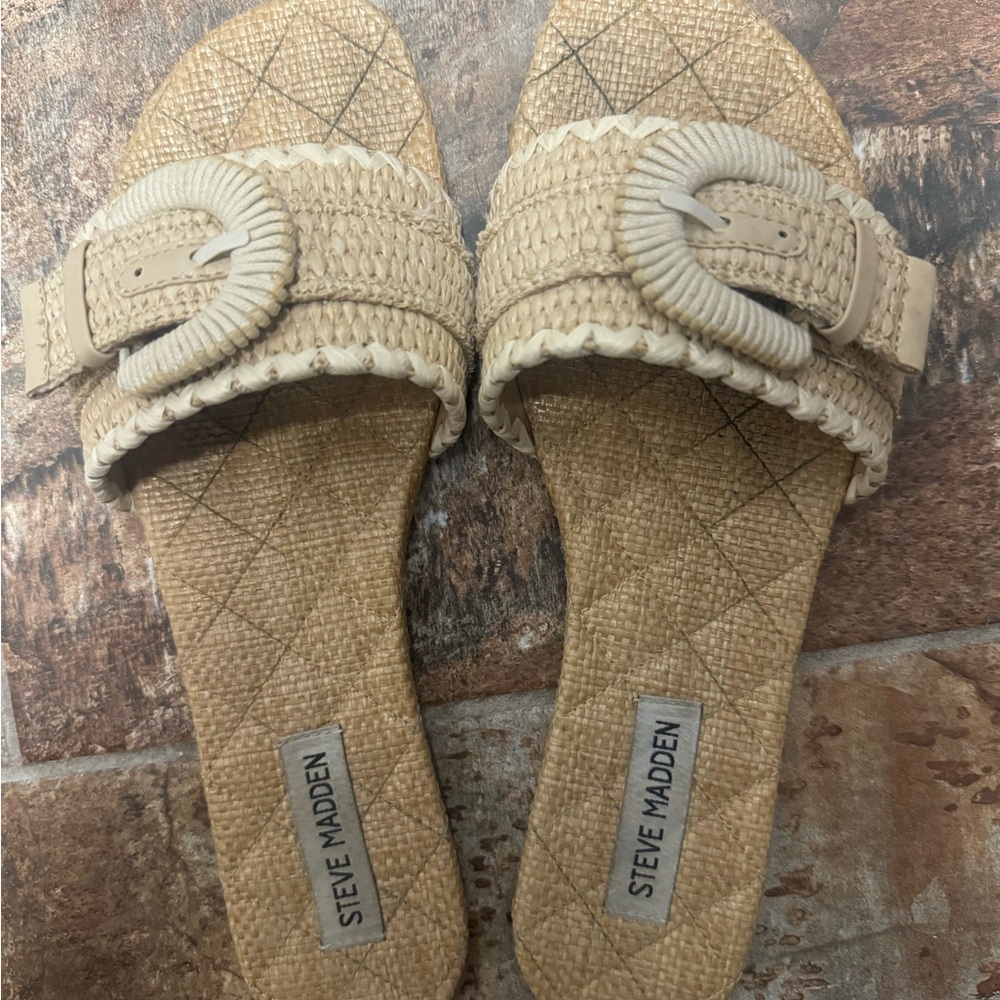 Steve Madden Cream Woven Buckle Slide Sandals